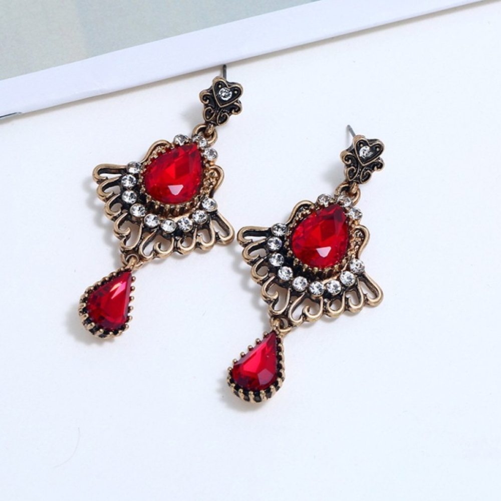 Elegant Red Gemstone & Gold Tone Rhinestone Teardrop Earrings New!